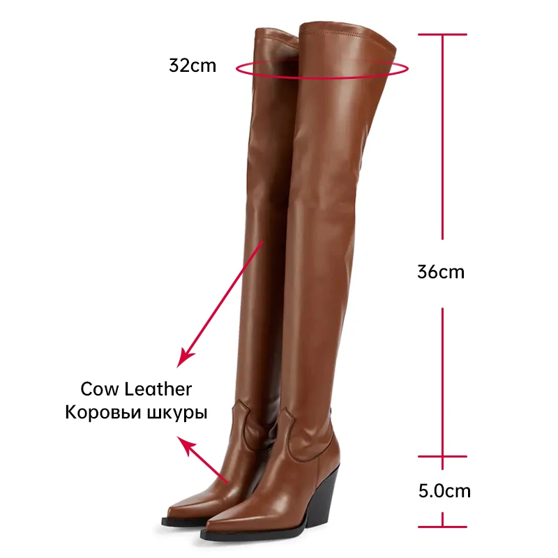 ODS Brand Genuine Leather Thick Heels Autumn Winter Over The Knee High Boots Woman Sexy Pointed Toe Stretch Shoes Party 40414346