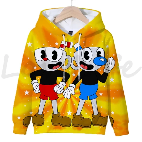 Детские толстовки с капюшоном Cuphead Game Mugman для мальчиков и девочек, толстовки в стиле аниме, милые топы, детские пуловеры с 3D капюшоном, повседневная уличная одежда Sudadera