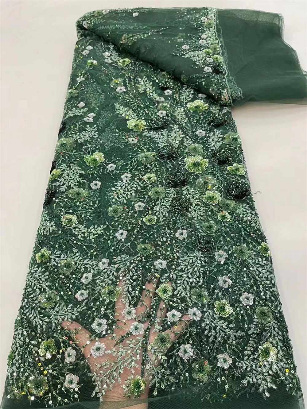 

3D African Lace Fabric Teal Women's French Tulle Lace Handmade Sequins Beaded Embroidered Lace Fabric for Party Dress JJ0022