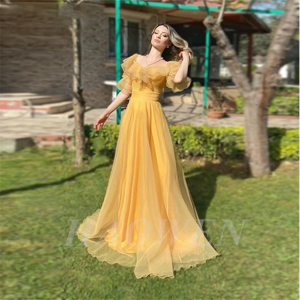 

HAOWEN Vintage Yellow Square Collar Neck Tulle Prom Dresses Evening Dress A Line Short Ruffles Sleeves Floor-Length
