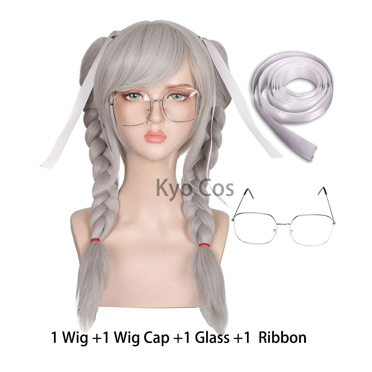 Kyo Silver Wig with Glass and White Ribbon for Peko Pekoyama Danganronpa V2 Cosplay Hair for Halloween