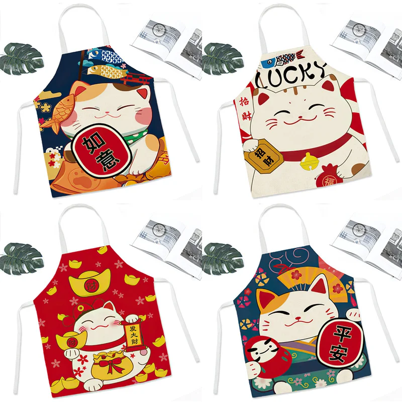 

Japanese Cartoon Lucky Cat Cotton and Linen Apron Kitchen Supplies Chef Apron Cooking Sleeveless Bib Waterproof Anti-greasy