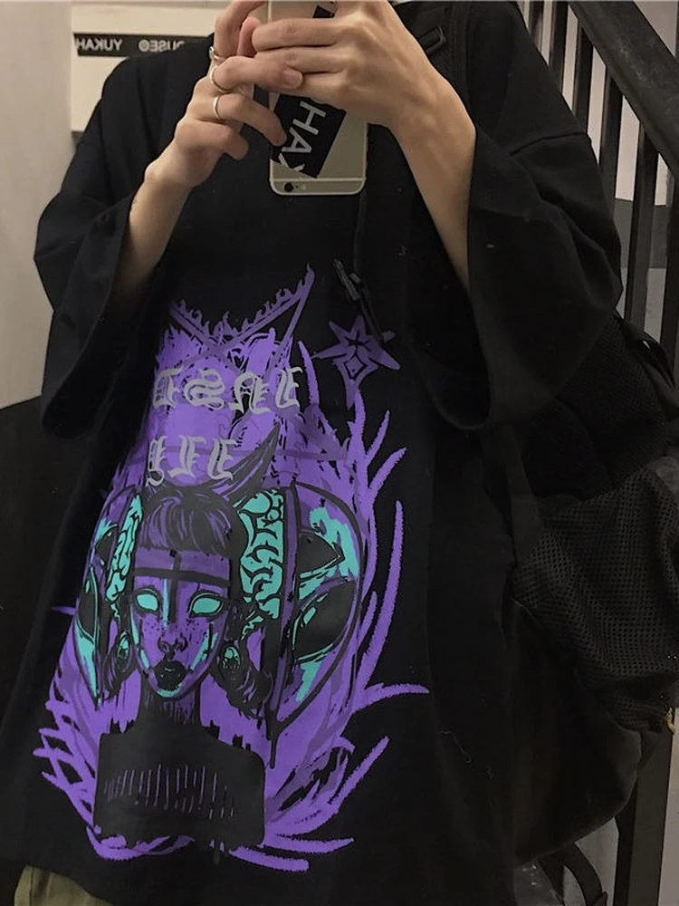 

QWEEK Gothic Graphic T Shirts Dark Harajuku Korean Fashion Tshirt Grunge Mall Goth Tops Black Tees 2022 Summer Trend Kpop Girls