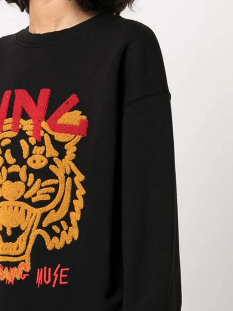 

2022 Early Autumn New Women Classic Tiger Head Hand-embroidered Embroidered Hoodie Lining Fleece Round Neck Sweatshirt