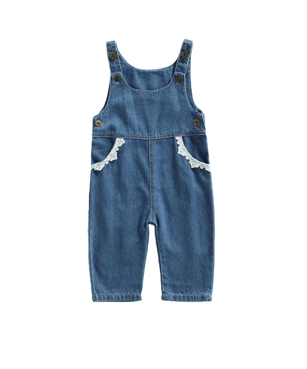 

Pudcoco 1-4T Romper Kids Blue Overall Lace Splicing Sleeveless Denim Jeans Jumpsuit Playsuit Leotard Trousers Pants