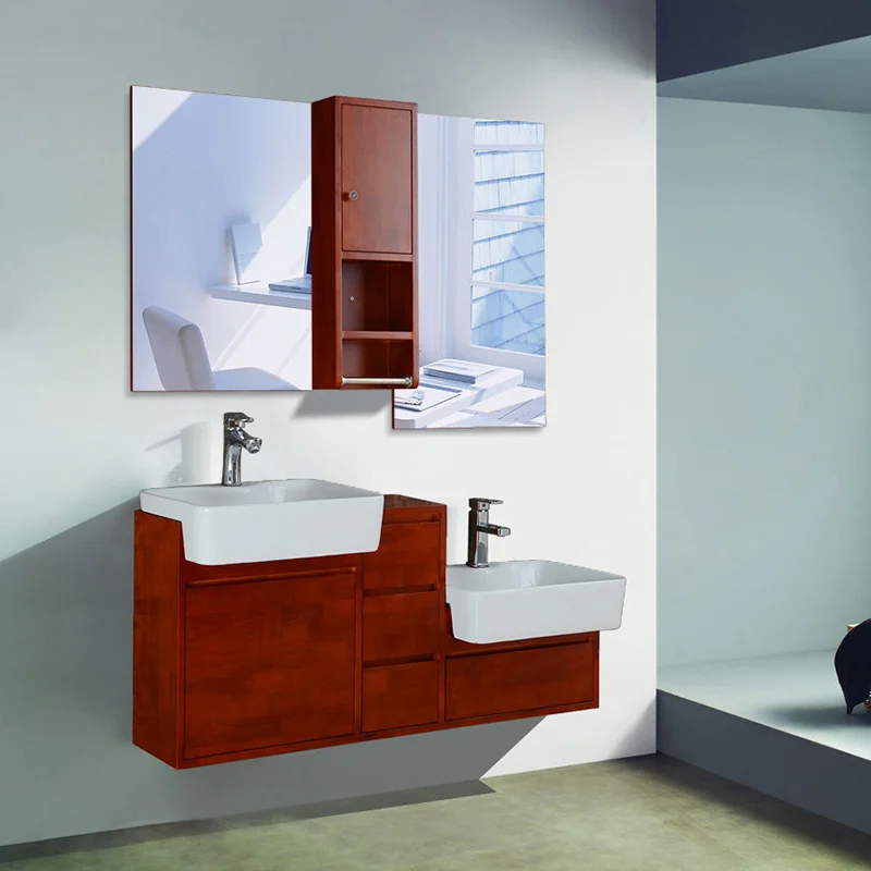 Простой шкаф для ванной из массива дерева настенный двойная высота раковина