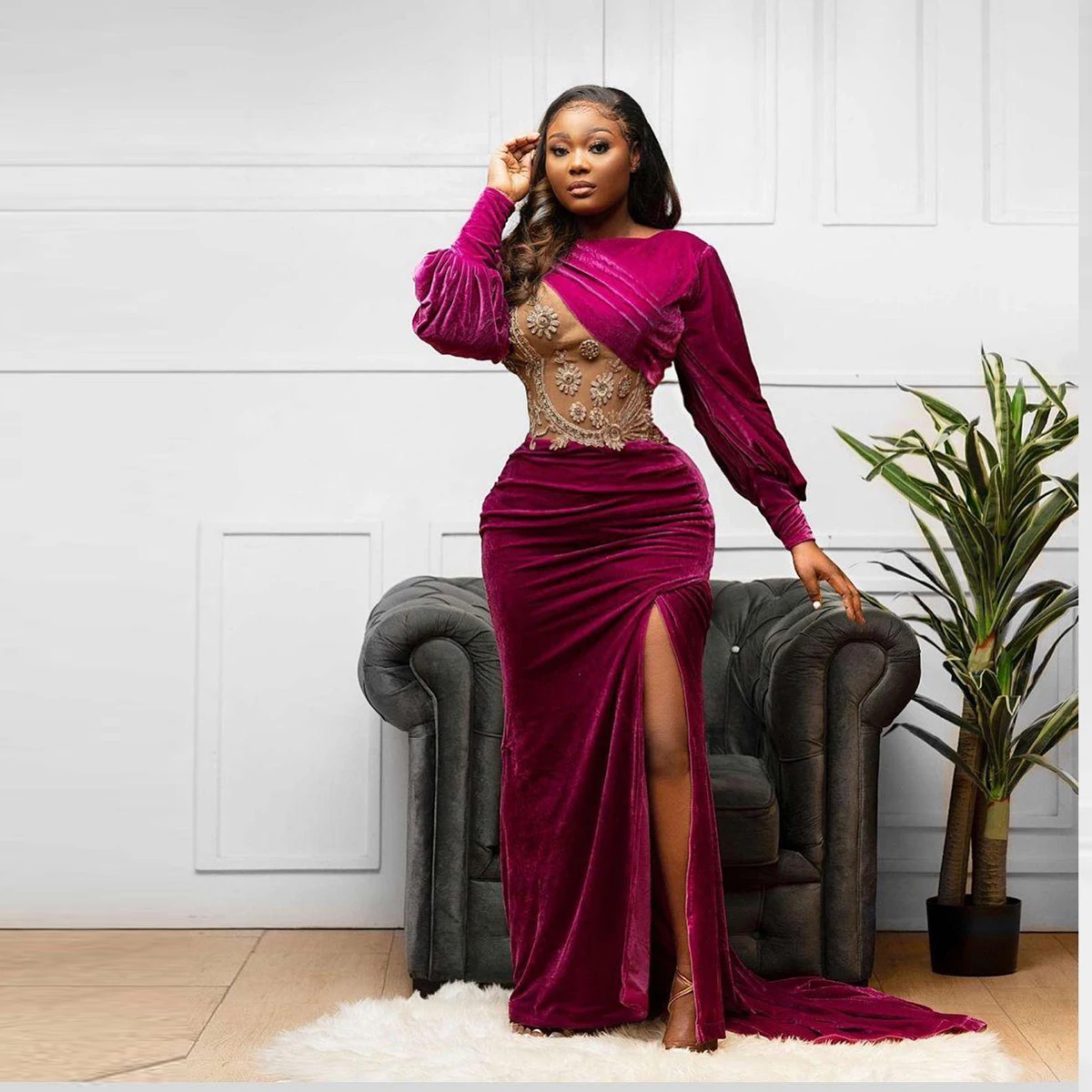 

Velvet Aso Ebi Mermaid Evening Dresses Puffy Long Sleeves Beads Crystals Side Split Prom Dress Formal Birthday Party Vestidos
