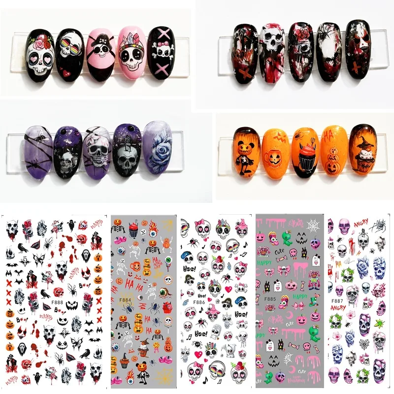 

1PCS Halloween Series Nail Stickers Cartoon Skull Bat Witch 3D Sticker Nail Art Decoration Santa Snowflake Nail Decal Nail Parts