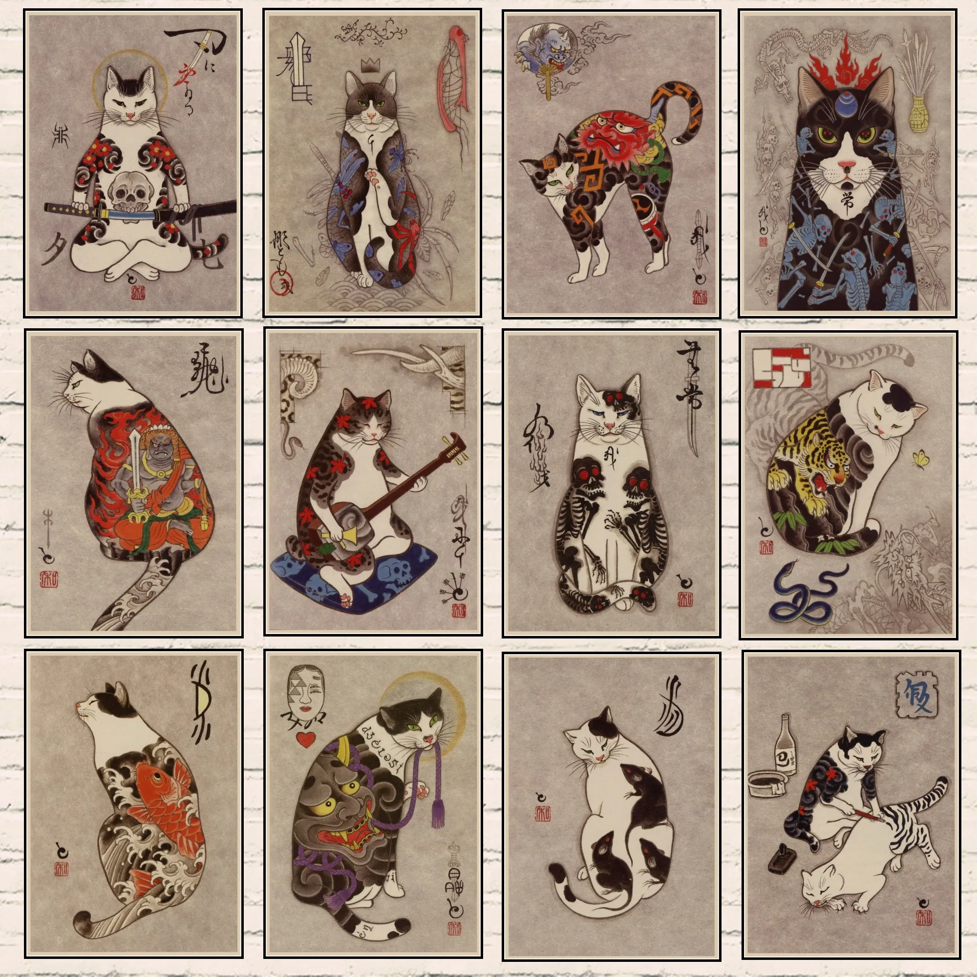 Винтажный Ретро-постер в японском стиле с изображением самурайского кота |