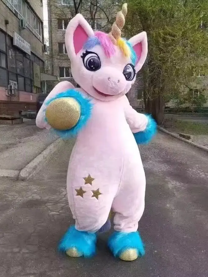 Фото Новый взрослый костюм-маскот розового единорога для Хэллоуина, плюшевый наряд для вечеринки, Рождества, маскарада, косплей белого коня, маскот №1