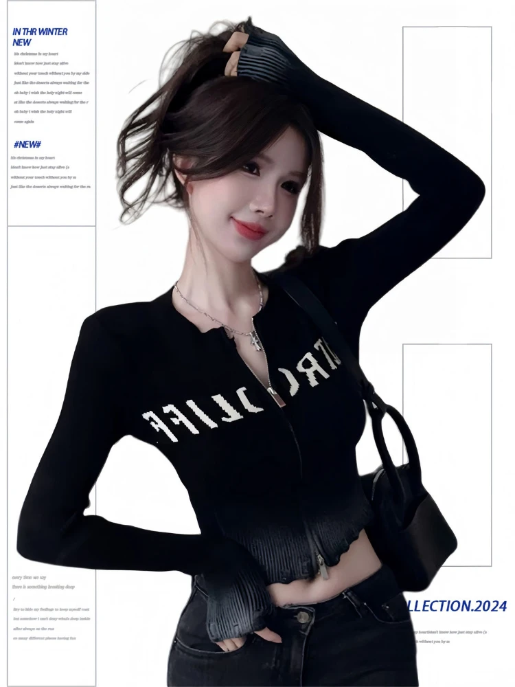 QWEEK винтажный черный кардиган с буквенным принтом для женщин 2024 осень-зима теплый