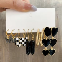 5 pairs acrylic vintage checkerboard heart butterfly black earrings set for women check hoop earrings ear studs party jewelry