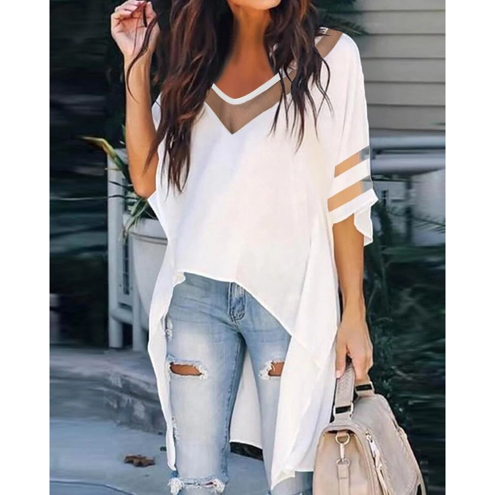 

Summer Women V Neck Contrast Mesh Batwing Sleeve High Low Hem Top Casual Daily Solid Long Tunics Sexy Asymmetrical Blouse