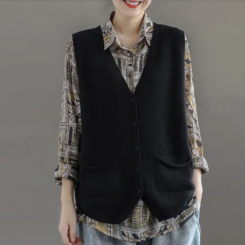 

Sweater Vests Women Loose Pockets Casual Solid Elegant Simple Korean Style Soft Design Retro Chic Female Womens Sweaters E873