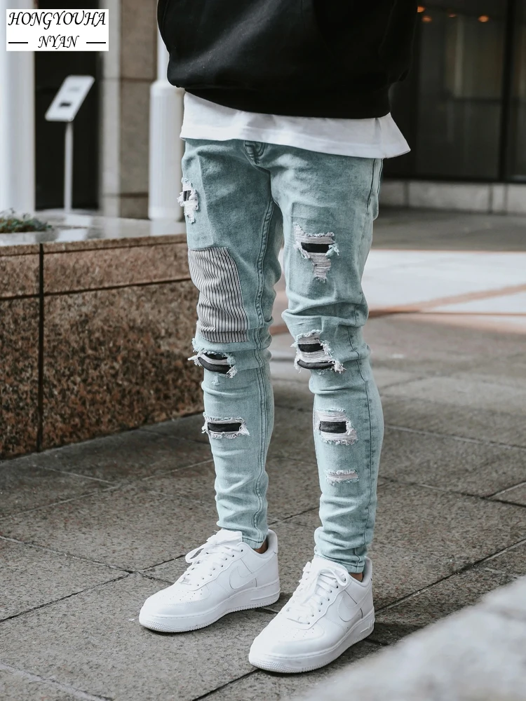 Streetwear Man Slim Patchwork Beggar Patch Ripped Jeans Moto Biker Fashion Pencil Pants Male Denim Trousers Casual Jeans for Men