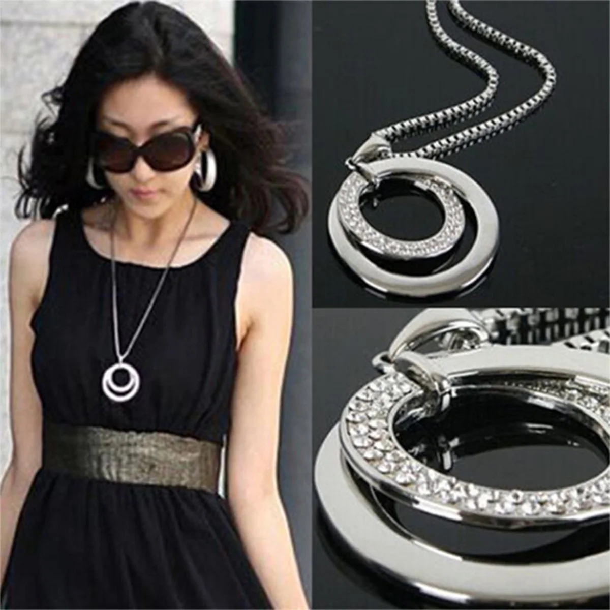 Двойной круглый кулон из сплава инкрустированный цирконом Женское Ожерелье