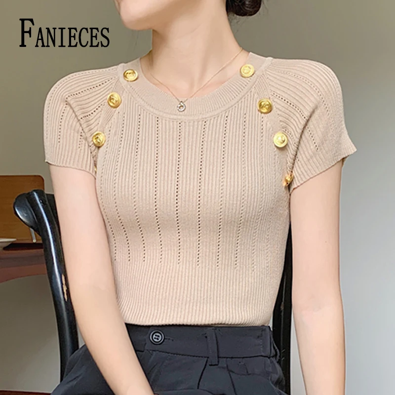 

FANIECES корейский модный летний тонкий трикотажный Топ для женщин с коротким рукавом элегантный хаки облегающий свитер джемпер женский свите...