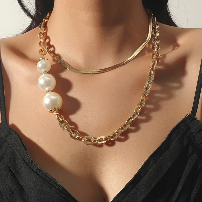 

Fashion Long Necklace Double Pearl Chain Ladies Clavicle Chain Ins Exaggerated Snake Bone Chain Necklace for Women Jewelry