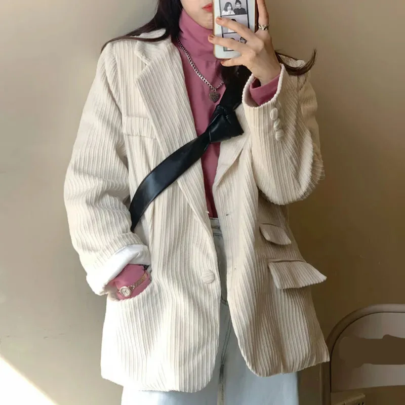 

Rimocy Autumn Winter Corduroy Jacket for Women 2021 Lapel Neck Single Breasted Blazer Coat Woman Solid Long Sleeve Vintage Coats