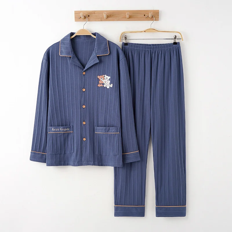 pajamas men's knitted pure cotton spring autumn winter long sleeve pure color casual atmosphere cardigan lapel home clothes