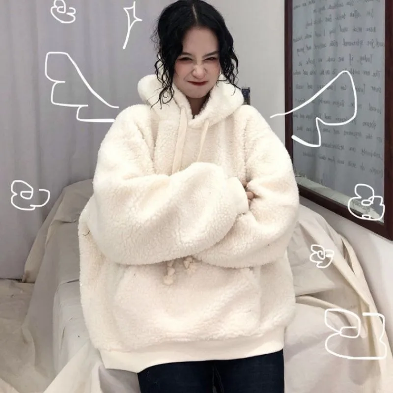 Harajuku флисовые Sudaderas Mujer однотонные женские толстовки из овечьей шерсти большого