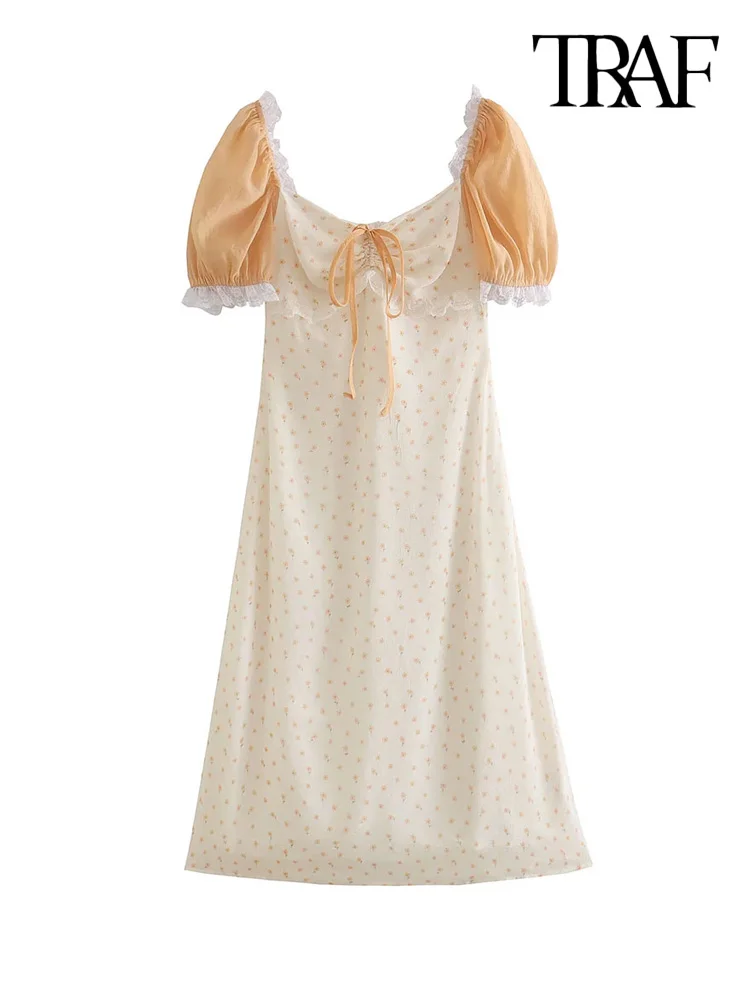 

TRAF Women Fashion With Tied Contrast Lace Printed Midi Dress Vintage Short Sleeve Back Zipper Female Dresses Vestidos Mujer