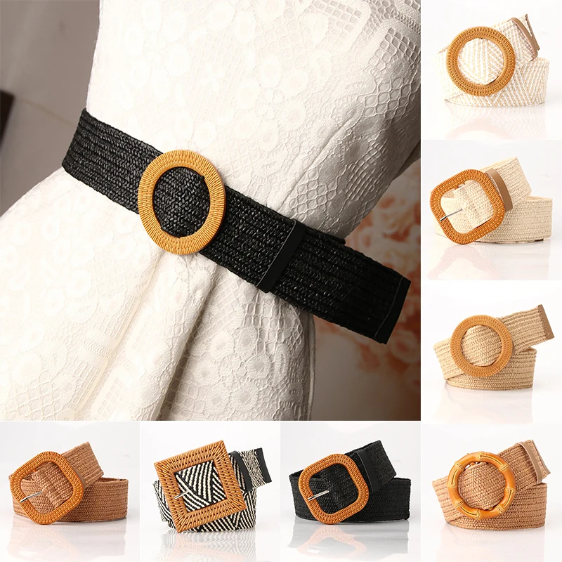 

Fashion Design Round Wooden Buckle Dress Belt For Women Casual Braided Wide Strap Woven Elastic PP Straw Belts Decoration Gift