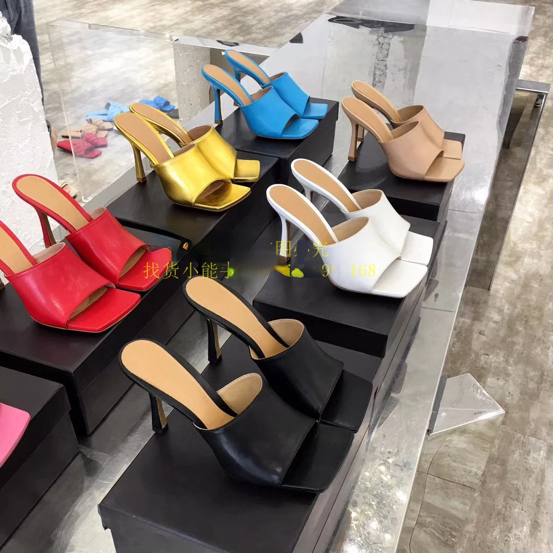 

2022 New High-heeled Women's Square Head Stiletto Half Drag Women's Outer Wear Slippers