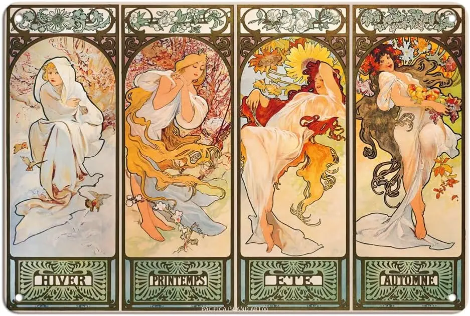 Les Sns (The Sens) - СССР Prntemps Ete utomne (Зинтер Sprng Лето осень) Vntge rt Nouveu Плакат от lphonse Much c.1890s
