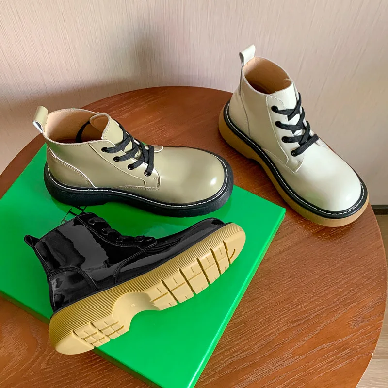 

Martin boots women's 2021 autumn and winter new patent leather thick-soled round toe single boots women's boots black shoes