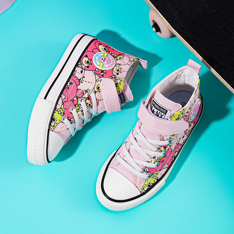 Trendy Pink Children's Shoes Spring 2022 Cute Cartoon Bear Sneakers Boy Comfortable Flat Kids Shoes High top Canvas Shoes Girls