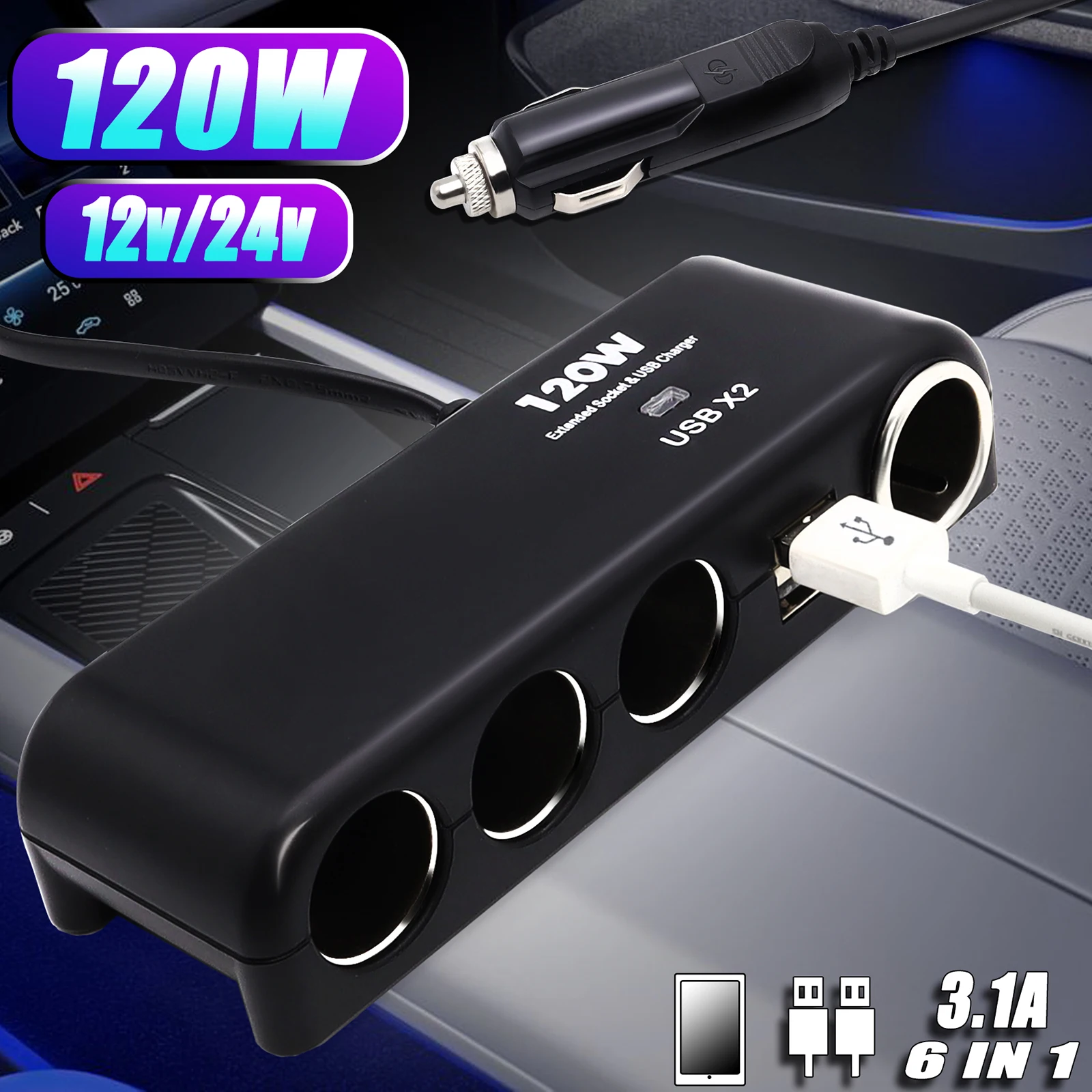 

3.1A Dual USB Car Charger Cigarette Lighter Socket 4Way 12V 24V Splitter Power Adapter Fast Charger Universal Power Adapter 120W