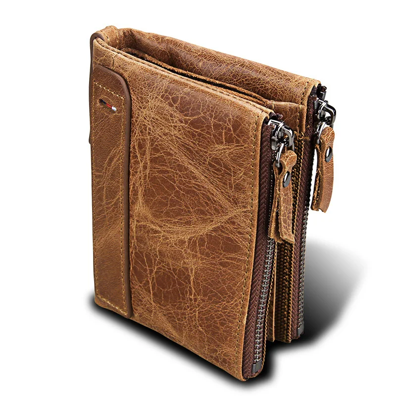 Crazy horse Brand Genuine leather men's short short RFID anti money brush men double zipper wallet Wallets Coin Purse Cards new