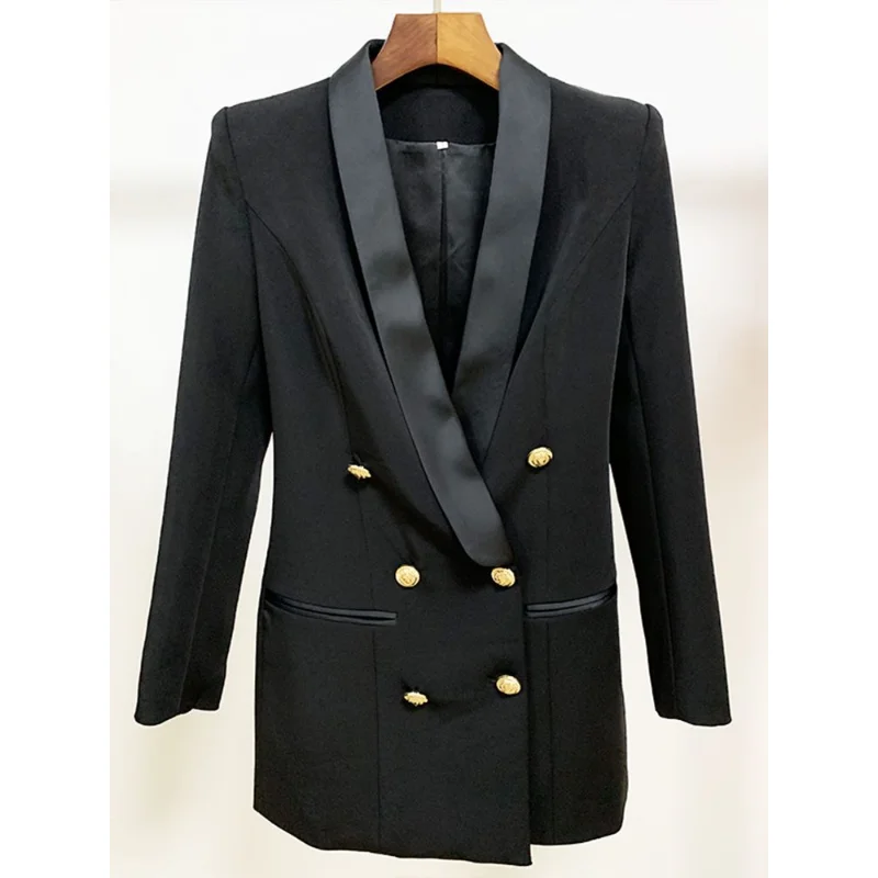 Creative 2023 Newest Designer Blazer Jacket Women's Lion Buttons Double Breasted Satin Shawl Collar Long Brazer