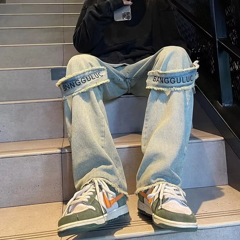 DEEPTOWN Embroidered Straight Jeans Men Vintage Fashion Denim Wide Leg Pants Streetwear Ribbons Loose Casual Retro Spring Washed