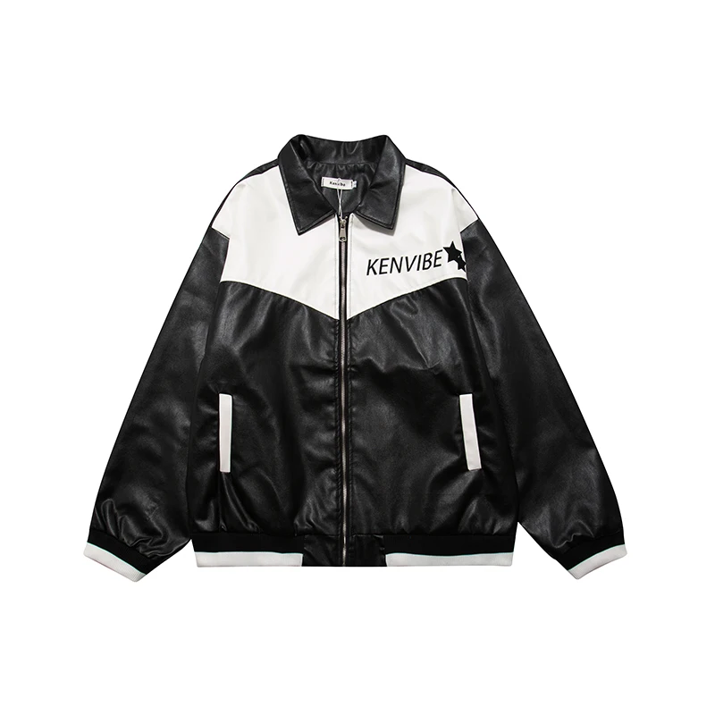 

Color Block Letter Embroidery Pu Leather Autumn Jackets for Men and Women Streetwear Retro Harajuku Patchwork Loose Coat