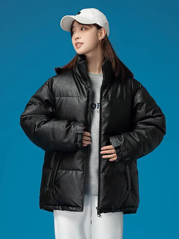 Vielleicht Winter Warm Thick PU Leather Coats Women Short Parkas Fashion Black Cotton Padded Down Jacket Female Winter Clothes