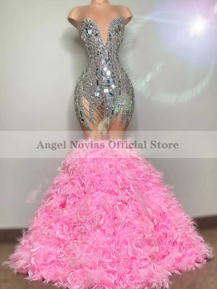 

Luxury Long Mermaid Pink Prom Dresses 2023 for Women with Feather for Black Girls Robe De Soiree Party Evening Birthday Gown