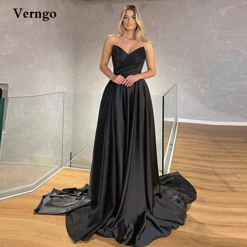 

Verngo Shimmer Black A Line Long Evening Dresses Sweetheart Pleats Sweep Train Prom Gowns Women Formal Special Occasion Dress