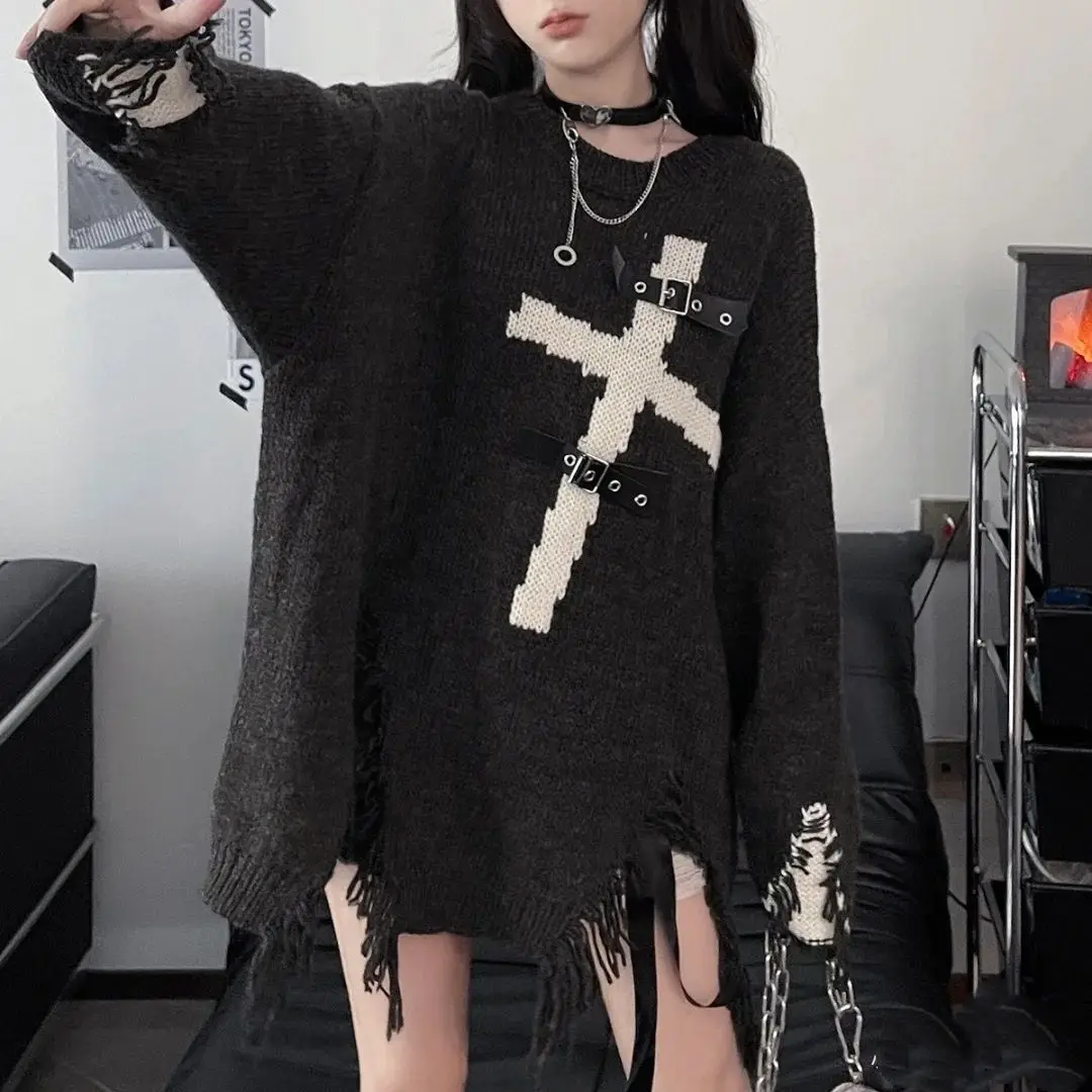 

HOUZHOU Gothic Harajuku Punk Knitted Pullovers Women Y2k Vintage Streetwear Cross Print Loose Sweater Hollow Out Yops 2023 Chic