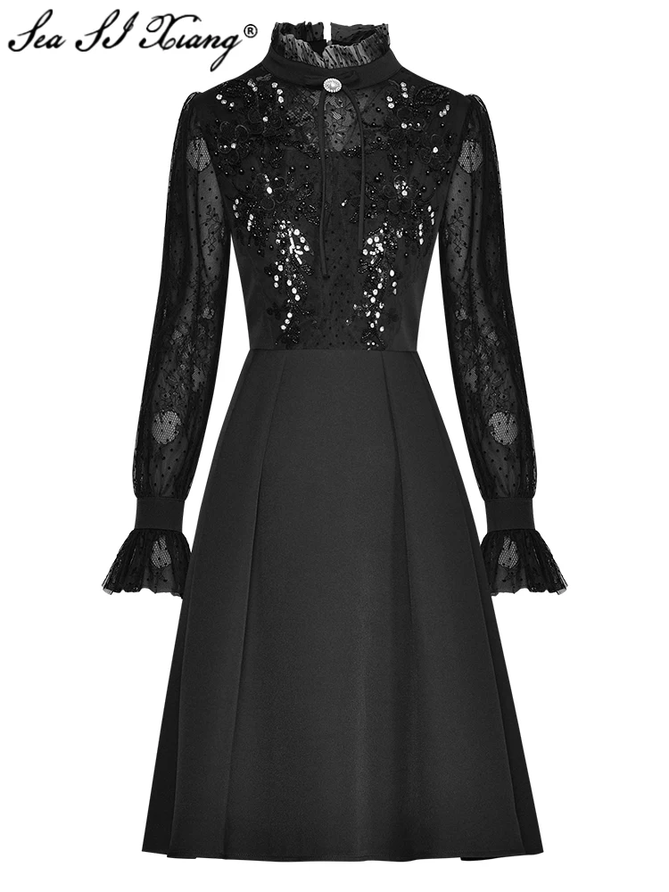 

Seasixiang Fashion Designer Spring Summer Women Dress Stand Collar Lace Flare Sleeve Sequins Beading Vintage Mini Dresses