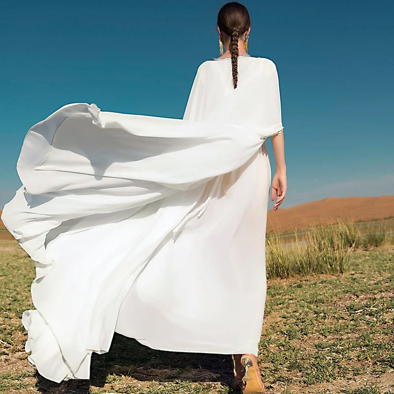 Caftan Marocain White Muslim Dress with Cape Arabic Abayas for Women Dubai Evening Wedding Dresses Islam Africa Clothes Djellaba