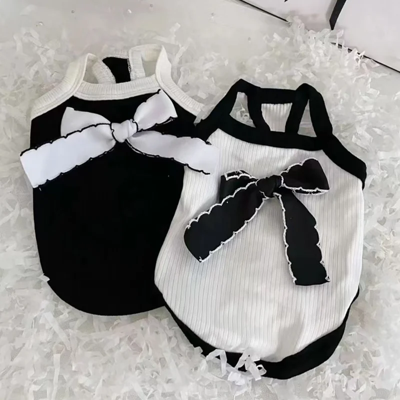 

Одежда для собак с бантом, жилет, подтяжки, одежда для домашних животных, Модный милый черный и белый костюм для маленьких собак, весна-лето, одежда для собак
