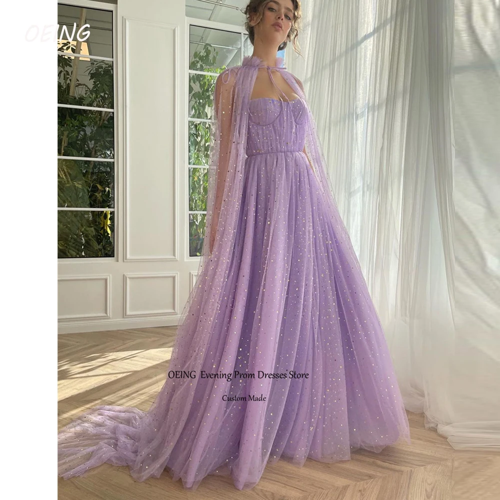 

OEING Sparkly Lavender Stars Long Prom Dresses With Jacket Sweetheart Cape Sleeves Arabic Women Evening Gowns Formal Party Dress