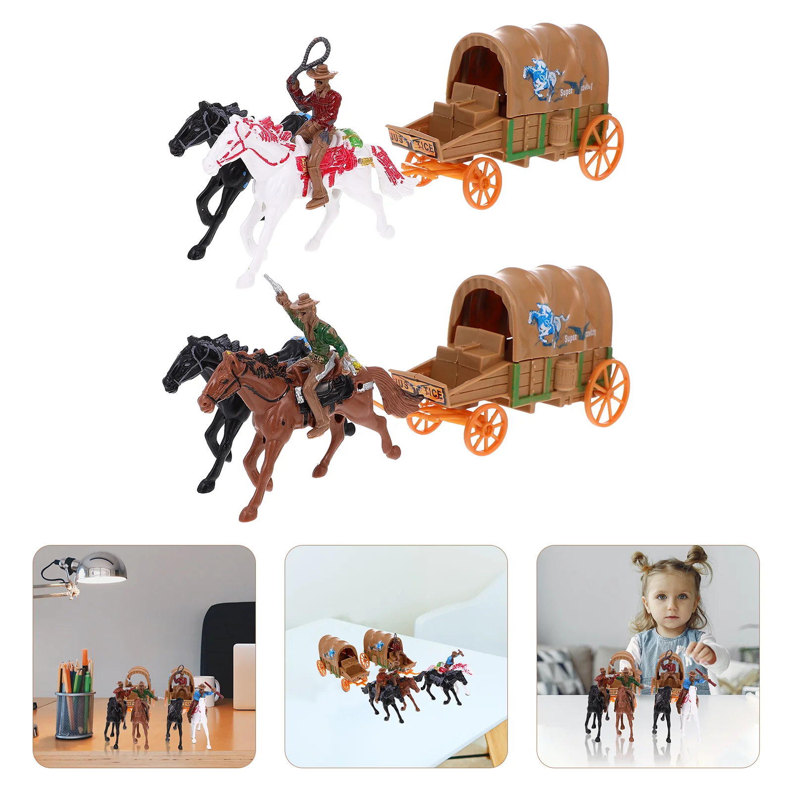 

2 Sets Cleaner Tiny House Toys Farm World Toys Cowboy Carriage Toy for Tabletop Kids Decoration Home