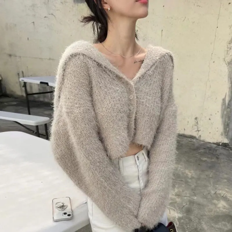 

ZCSMLL Korea Chic Autumn and Winter Temperament Navy Collar Single Breasted Soft Waxy Mink Velvet Knitting Cardigan Coat Women