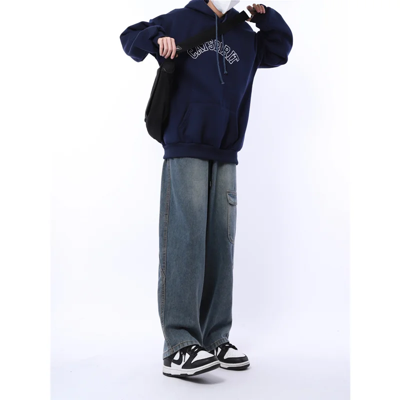 Streetwear Men Vintage Falling Feeling Loose Broad Leg Blue Jeans 2022 Autumn and Winter New Pattern Mopping Cargo Pants Female