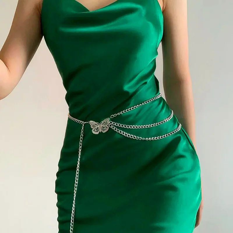 

Elegant Butterfly Multi-layer Waist Chain Adjustable Gold Silver Metal Belly Chain Dress Jeans Female Waistband Belt Body Chain