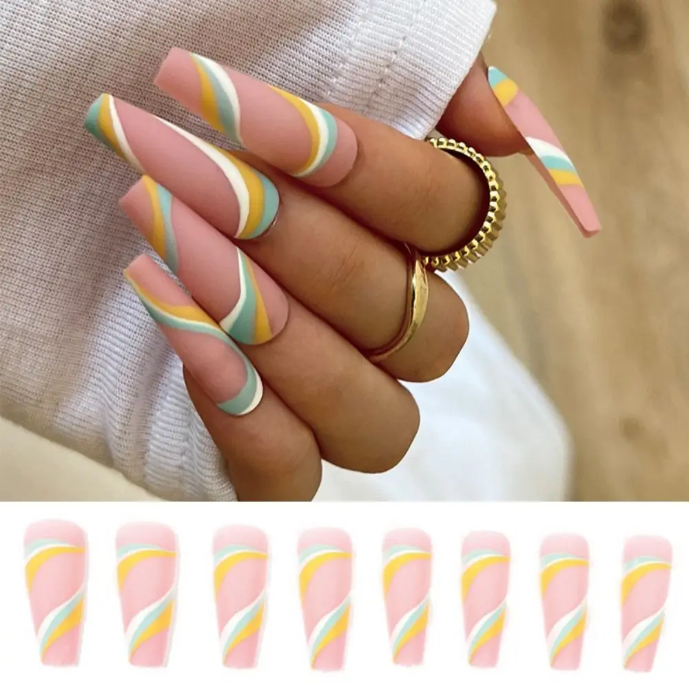 

24pcs Press On Nails False Nails Colorful Wavy DIY French Coffin Long Ballerina Fake Nails