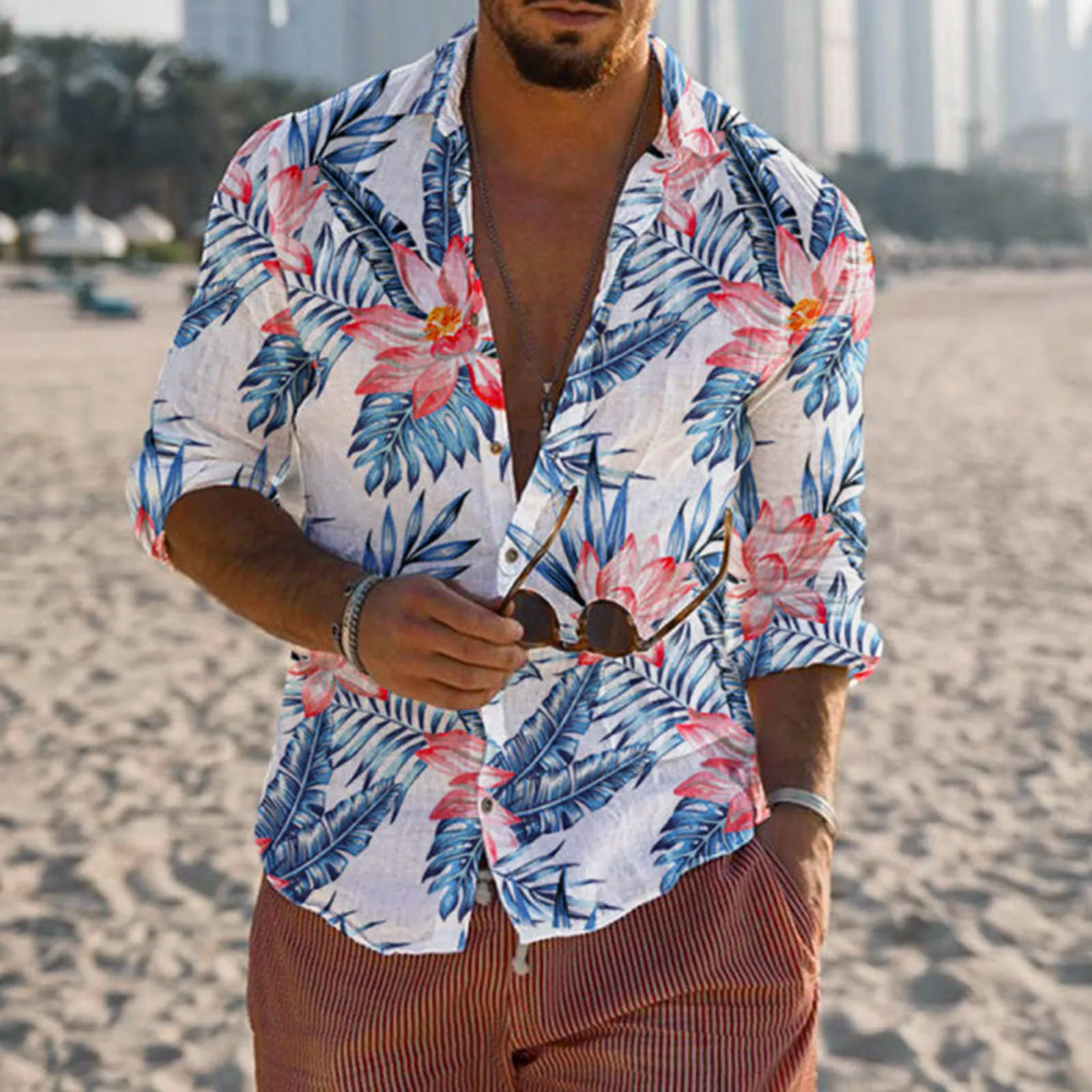 

Мужские осенние Гавайские рубашки с принтом листьев рубашка с отложным воротником с длинным рукавом 2022 пляжные свободные топы рубашки для ...